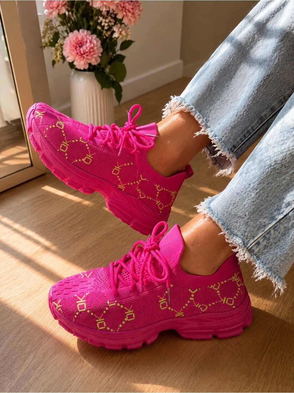 Hot Pink Chunky Knit Sneakers Neon Green Detail Y2K Style